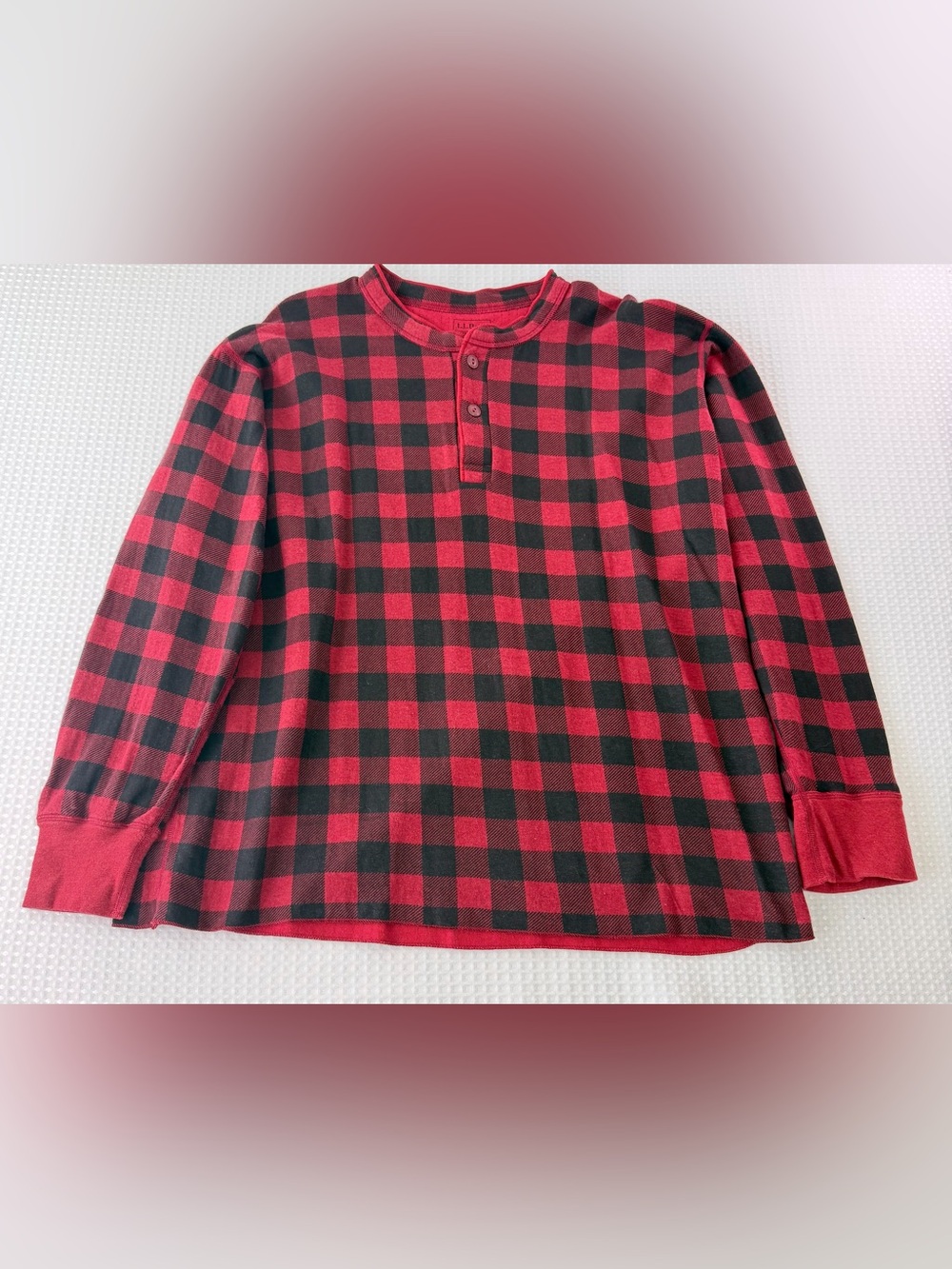 LL Bean Mens Traditional Fit Henley Shirt Buffalo Check Plaid Red Wool Blend XL